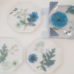 Floral Resin Coasters Set - Blue and Green